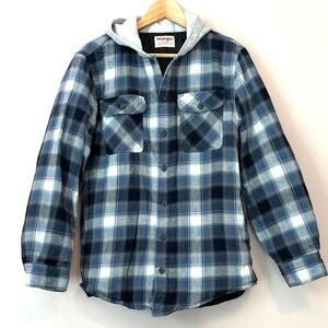 Wrangler Quilted Lined Flannel Shirt Jacket Hooded Western Gorpcore Blue Small